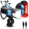 FISCHER Set di luci doppie per bicicletta, illuminazione a 360°, lampada a LED per bicicletta, 80 Lux, batteria ricaricabile con USB C, montaggio anteriore e posteriore senza attrezzi