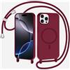 xinyunew Magnetica Cover con Cordino per iPhone 15 Pro,[Compatibile con MagSafe], Cover in Silicone, Regolabile Cordino da Collo Nylon Catena Collana Tracolla,rosso