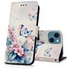 DiaryTown Cover per iPhone 14 Custodia in PU Pelle a Libro Motivo Flip Caso Magnetica Portafoglio Blocco RFID Carta Slot Antiurto Protettiva Cover per iPhone 13 - Fiore Rosa Farfalla Blu