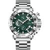 Poedagar Orologio di Lusso da Uomo con Calendario, Luminoso, Impermeabile, da Ufficio, Cronografo, in Acciaio Inox, Orologio al Quarzo da Uomo, Colore: argento e verde.