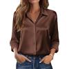Zeagoo Camicia da donna in raso, con scollo a V, a maniche lunghe, in raso, elegante, in seta, marrone, L