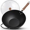 Jobin 33cm Wok in Acciaio al Carbonio con Coperchio, Senza Rivestimento Chimico, Wok Induzione con Manici Ausiliari in Legno e Acciaio, Adatto a Gas, Induzione, Elettrico