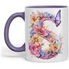 Vixar Tazza con lettera S, fiori e farfalle, con monogramma dell'alfabeto e monogramma in ceramica colorata per tè, caffè, hot brew, 330 ml, idea regalo (viola)