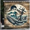 ABAKUHAUS Nautico Tenda da Doccia, Cottage Anchor Whale Waves, Tessuto Set di Decorazioni per il Bagno con Ganci, 175 x 200 cm, Blu Ardesia Marrone
