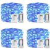 plainshe Luci a batteria, confezione da 4 pezzi, colore blu, 10 m, 100 LED, filo di rame, 8 modalità di controllo remoto, luci impermeabili a batteria, decorazione natalizia per interni ed esterni