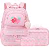 Makukke Zaino per ragazze, set da 3 pezzi con borsa per il pranzo e astuccio, graziosa borsa per la scuola per ragazzi delle scuole elementari e medie, rosa, 40 cm, Preppy