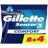 Gillette Sensor3 Comfort, Rasoi usa e getta da uomo, con nastro lubrificante, confezione da 8+4