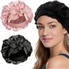 ZIOYANE Cuffia da notte in seta per dormire, in raso simile al PE, con nastro, fascia elastica e retina protettiva per capelli, per donne e ragazze, 2 pezzi (nero nudo)