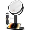 MOMOKUBA Specchio cosmetico con illuminazione - Specchio da trucco regolabile in altezza da 7 con illuminazione, ingrandimento 30x per camera da letto e bagno, double face, 3 colori, 64 LED, nero