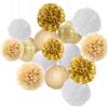 FAINCA 15 Pezzi Pompon di Carta Velina da Appendere Lanterne 20 cm 25 cm Palline di Carta Colorata Addobbi Compleanno per Matrimoni Lauree Compleanni Baby Shower (Bianco Oro Kaki)