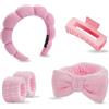 LAKPYN 5 Pezzi Spa Fascia per Capelli da Donna per il Lavaggio del Viso Set di Polsini Spugna Morbida Terry Panno Trucco Skincare Fascia Antiscivolo per Donna Ragazze（Rosa）
