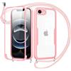 Jrkvniv Cover per iPhone 16E con Cordino,360 Gradi Trasparente Custodiacon con Protezione Schermo Integrata,Bumper Rugged Custodia con Regolabile Tracolla Corda Collana per 6.1-Rose