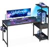 Coleshome Scrivania Gaming con Illuminazione LED, 138×48cm Tavolo Gaming con Cassetti e Libreria, Scrivania Computer Reversibile con Gancio per Cuffie, Nero Fibra di Carbonio