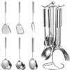 Kezidhp Set Utensili Cucina in Acciaio Inox 7 Pezzi, Set Pentole con Supporto (Mestolo, Schiumarola, Paletta, Forchettone, Cucchiaio per Riso), Lavabile in Lavastoviglie, set pentole acciaio ino