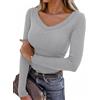 Aottori Maglia Donna Manica Lunga Costine Maglietta Scollo a V Elegante Basic Tops Tinta Unita Sottogiacca Cotone Slim Fit con vestibilità Classica Rosso XS