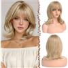 FESHFEN Parrucca Bob Ondulato con Frangia - Biondo Sporco Parrucche Donna Capelli Naturali Sintetico Layered Wigs per Festa Carnevale, 35 cm