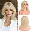 FESHFEN Parrucca Bob Ondulato con Frangia - Biondo Ossigenato Parrucche Donna Capelli Naturali Sintetico Layered Wigs per Festa Carnevale, 35 cm
