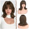 FESHFEN Parrucca Bob Ondulato con Frangia - Castano con Riflessi Parrucche Donna Capelli Naturali Sintetico Layered Wigs per Festa Carnevale, 35 cm