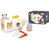 Janod - Giocattolo in legno scatola di fazzoletti per bambini A partire dai 12 mesi - 4 pezzi da incastrare + 4 fazzoletti con texture diverse - Scatola con forme da incastrare - A partire dai 12 mesi