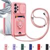 Aithne Cover Compatibile con Samsung Galaxy A52 4G/5G/A52s 5G, Slidable Protezione Fotocamera, 360°Anello Support Slot Schede Cordino Collana Necklace Silicone Case - Pink