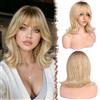 FESHFEN Parrucca Bob Ondulato con Frangia - Biondo Ombré Parrucche Donna Capelli Naturali Sintetico Layered Wigs per Festa Carnevale, 35 cm