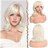 FESHFEN Parrucca Bob Ondulato con Frangia - Biondo Platino Parrucche Donna Capelli Naturali Sintetico Layered Wigs per Festa Carnevale, 35 cm