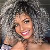 PORSMEER Parrucche ricci da 14 pollici per donne nere, Afro Kinky ricci ondulati lunghezza della spalla parrucca con frangia, colla in fibra sintetica capelli lunghi ondulati profondi (nero a grigio)