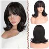 FESHFEN Parrucca Bob Ondulato con Frangia - Castano Scuro Parrucche Donna Capelli Naturali Sintetico Layered Wigs per Festa Carnevale, 35 cm