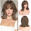 FESHFEN Parrucca Bob Ondulato con Frangia - Parrucche Donna Capelli Naturali Sintetico Layered Wigs per Festa Carnevale, 35 cm Castano Misto Biondo Miele