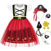 Berich Vestito da pirata per ragazze, per Halloween, giornata mondiale del libro, in tulle, con accessori per spada, costume da pirata per bambini, 3-4 anni (rosso, 120)