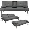 Yaheetech Divano Letto con 2 Braccioli Staccabili Divano Trasformabile Mobile Imbottito a 3 Posti Divanetto Reclinabile da Salotto con Supporto Centrale Porta Bicchieri Grigio/Finta Pelle