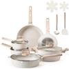VEVOR Set di Pentole, Padelle Antiaderenti in Granito con Manico, Set di Pentole a Induzione da Cucina per Camper, con Frittura, Coperchi in Vetro Temperato, Bianco, 17 Pezzi