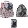 PASO Set Zaino Scuola 3 Pezzi Cavallo Rosa Grigio - Zaino Scuola Ergonomico DIN A4 con Sacca Sportiva e Astuccio Completo per Bambini