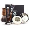 Haryali London, Kit da barba in legno da 5 pezzi: rasoio a 5 lame, pennello da barba in pelo di tasso, supporto da barba in legno, sapone da barba e ciotola da barba in acciaio inox.
