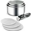 Backen 291107, Set di Casseruole 16,18,20 cm, Acciaio Inox, 7 Pezzi, Induzione, 1 Manico Rimovibile, 3 Coperchi Ermetici, Impilabile, Lavabile in Lavastoviglie, Risparmio di Spazio, Garanzia 5 Anni.
