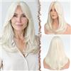 FESHFEN Parrucca Donna Lunga con Frangia Natuaral Sintetici Ricci Parrucca Capelli Parrucche per Donna, Bianco Platino 45 cm