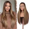FESHFEN Parrucca 13x4 Lace Front - Parrucche Capelli Lisci per Donne Meches Dritto Naturali Sintetico Parrucca di Capelli per Partito Quotidiano, 75 cm Castano con Sfumature Bionde