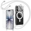 Olgary Magnetica Cover con Cordino per iPhone 17 con 2 Vetro Temperato e 2 Vetro Fotocamera, Trasparente Ultra Sottile Silicone Antiurto Protettiva Custodia con Regolabile Laccio Collana, Grigio
