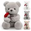 BRIMOREA Orsacchiotto di peluche, orsacchiotto di peluche, orsacchiotto con rosa, 23 cm, giocattolo decorativo, regalo per bambini, ragazze, compleanno, San Valentino (grigio)