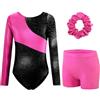 XiaoMoSha Set di body da ginnastica a tre pezzi, a maniche lunghe, con pantaloncini e fascia per capelli, per danza classica, con colori sfumati, per bambini dai 3 ai 12 anni, Rosa Rosso Nero, 4-5