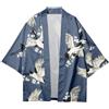 Men's Crane Print Yukata Kimono Haori Happi Coat Shirt Robe Loose Orientale