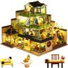 HJBHDOLL Casa delle bambole in miniatura in stile cinese a tre piani, mobili in legno, kit fai da te per casa delle bambole con LED per stanza creativa, regalo per adulti e bambini