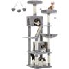 PETEPELA Tiragraffi, grande torre da gioco, con 6 tronchi in sisal, 2 tavole tiragraffi, 2 piattaforme, 2 cucce per cani, 1 amaca, 2 pompon, tessuto di peluche, multi-livello, 180 cm, grigio