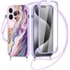 Yirlbey 360 Gradi Cover per iPhone 15 Pro 6,1'' con Cordino, Aesthetic Marmo Modello Design Trasparente Silicone Case Corda con Regolabile Laccio Antiurto Antigraffio Bumper Protezione Custodia, Viola