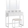 VASAGLE Toeletta con sgabello imbottito, tavolo da toeletta con triplo specchio, 3 cassetti, porta asciugacapelli, cosmetico stile moderno, bianco RVT004W14