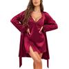 RSLOVE Set di camicie da notte da donna, in raso, con pizzo e vestaglia, 2 pezzi, abito da notte, Bordeaux, S
