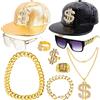 Peirich Accessori Rapper Anni 80/90 per Concerti Rap, Kit Costume Hip Hop, Incluso Occhiali da Sole Cappello Hip Hop e Oro Segno di Dollaro Collana Bracciale Anello