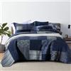 Qucover Trapunta patchwork matrimoniale, colori misti, blu scuro grigio - copriletto trapuntato vintage ed elegante fatto a mano, 100% cotone