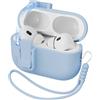 R-fun Custodia per Airpods Pro 2, in silicone liquido, con meccanismo automatico pop-up, resistente agli urti, morbida, con cinturino e kit di pulizia, illuminazione LED frontale, A-azzurro cielo