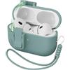 R-fun Custodia per Airpods Pro 2, in silicone liquido, con meccanismo automatico pop-up, resistente agli urti, morbida, con cinturino e kit di pulizia, illuminazione LED frontale, A-verde pino
